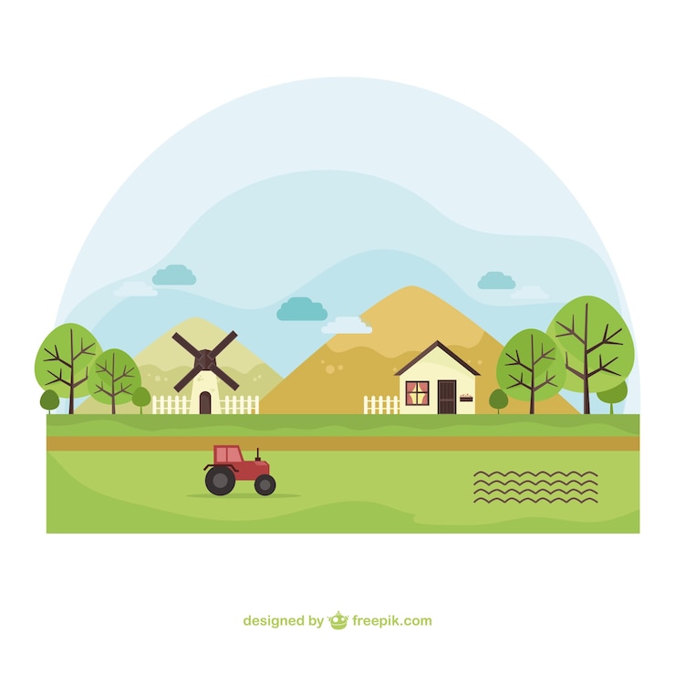 Vetor paisagem engraçada com a exploração agrícola vector ilustração dos desenhos animados