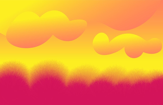paisagem estilizada com grama e nuvens em tons de vermelho e amarelo em um fundo gradiente