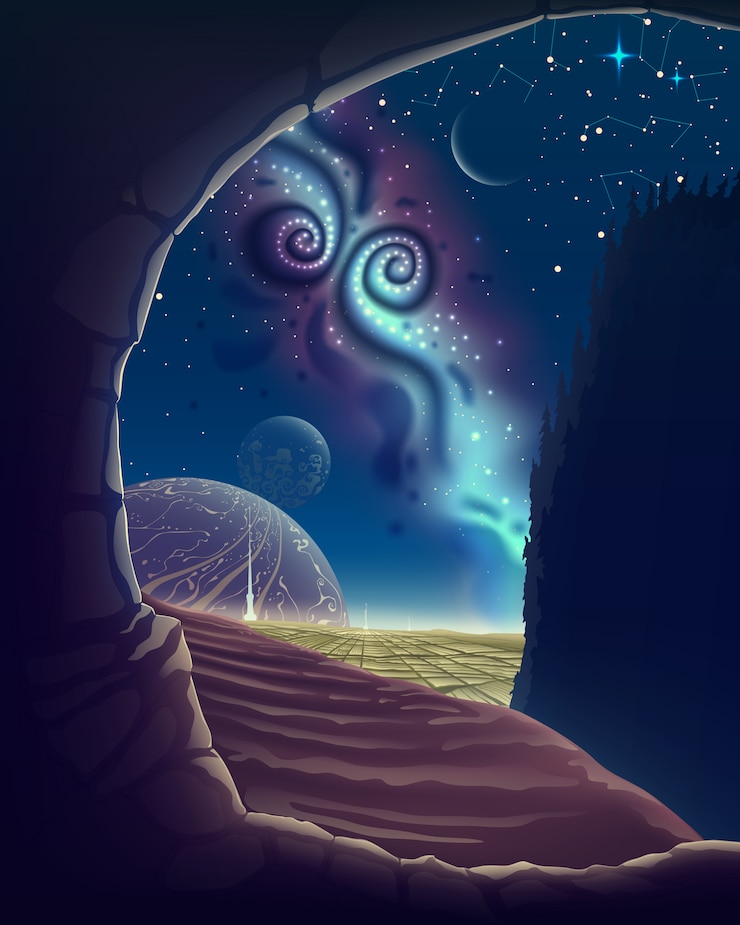 Vetor paisagem fantástica do céu noturno da vista da caverna no espaço noturno com a via láctea, estrelas e planetas