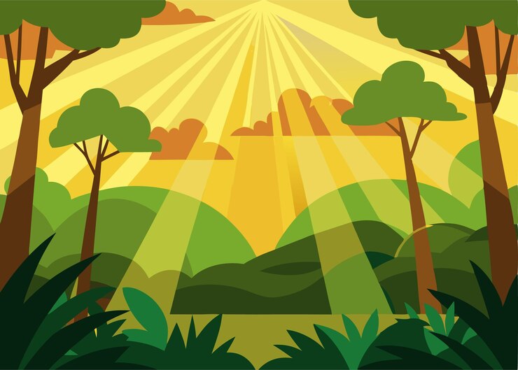 Vetor paisagem florestal com luz solar