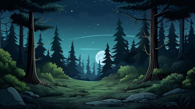 Vetor paisagem florestal com uma lua cheia e árvores