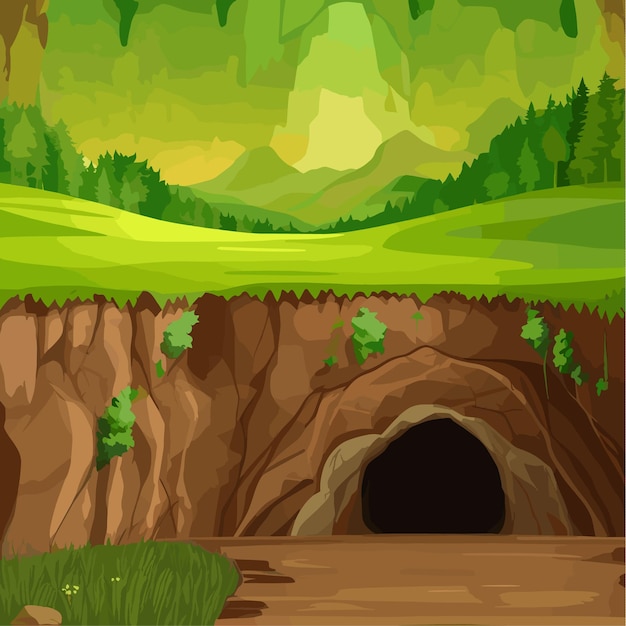 Vetor paisagem florestal de natureza vetorial em cena noturna com ilustração de caverna