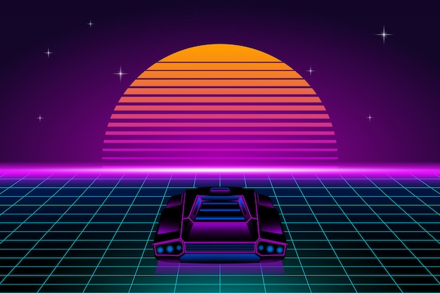 Paisagem futurista retrô com carro retrô e sol