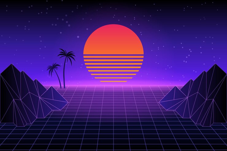 Vetor paisagem futurista retro com palmeiras. pôr do sol neon no estilo dos anos 80. fundo retrô synthwave. retrowave. ilustração vetorial