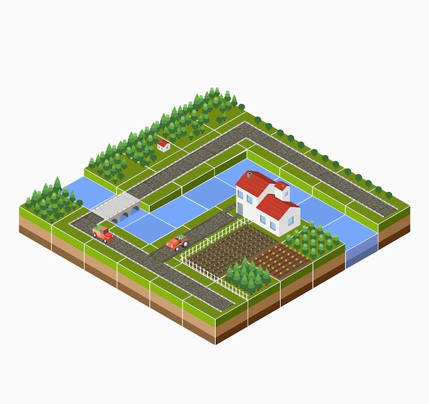 Vetor paisagem isométrica do campo com fazenda, trator, colheita, as camas e o rio.