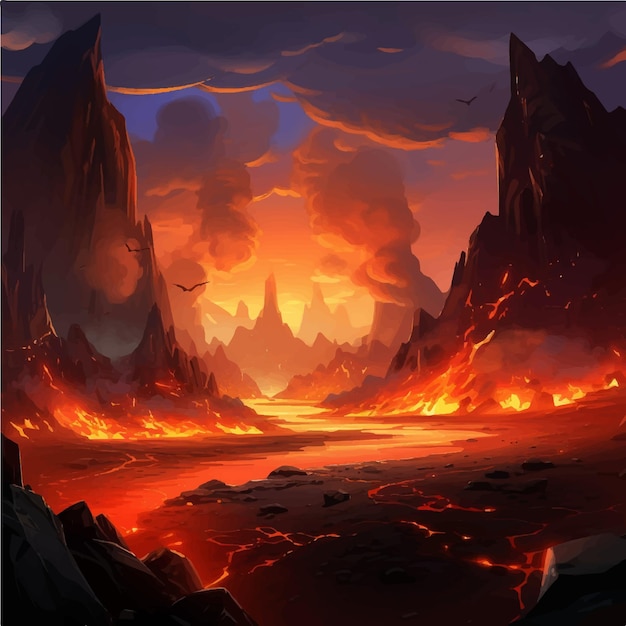 Paisagem lava vulcão vermelho jogo fundo montanhas