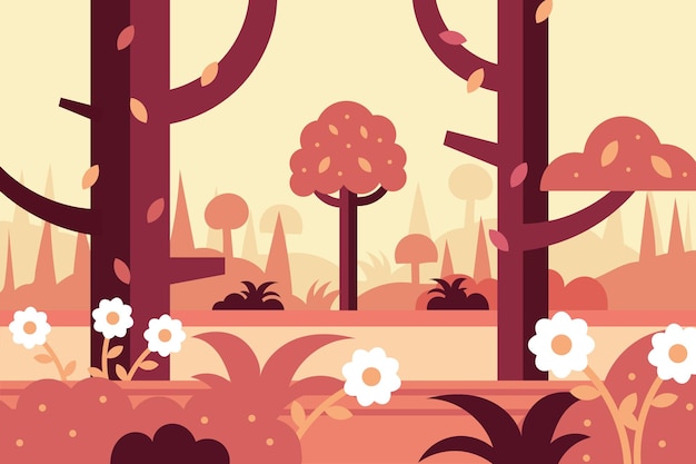 Vetor paisagem mágica floresta de conto de fadas com árvores e flores design marrom e amarelo ilustração