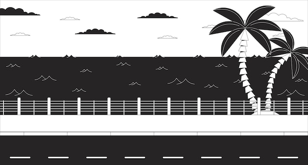 Vetor paisagem marítima à beira da estrada com palmeiras preto e branco lo fi papel de parede estético crepúsculo palmeiras à beira do mar contorno 2d desenho animado paisagem marítima ilustração monocromática lofi fundo vibrações frias