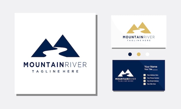 Paisagem minimalista colinas picos de montanha rio riacho silhueta design de logotipo vetor