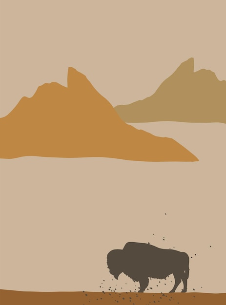 Paisagem minimalista com montanhas e búfalos. Pôster moderno. Arte vetorial.