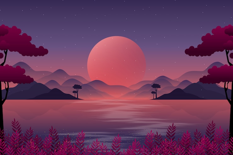 Vetor paisagem montanhosa com ilustração do céu noturno