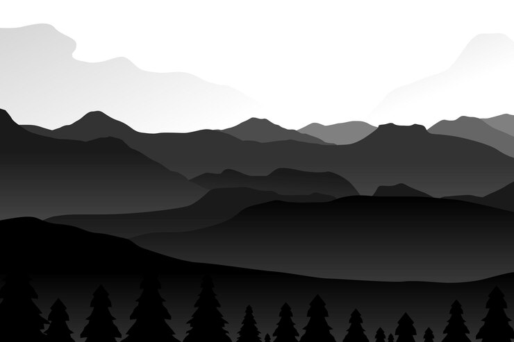 Vetor paisagem montanhosa com silhuetas de árvores da floresta. perfeito para usar como plano de fundo. silhueta de cor preta