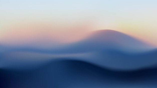 Paisagem montanhosa de gradiente vetorial com um nascer do sol no nevoeiro Fundo ondulado volumétrico Silhuetas desfocadas de colinas ao pôr do sol Papel de parede abstrato colorido