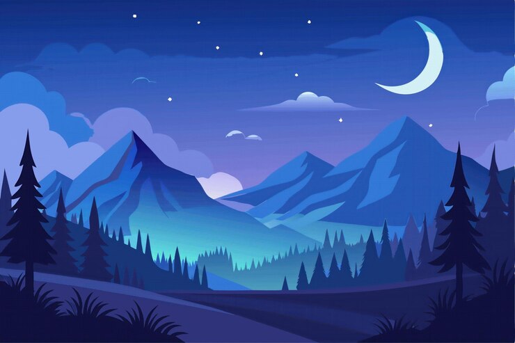 Vetor paisagem montanhosa noturna com lua e estrelas