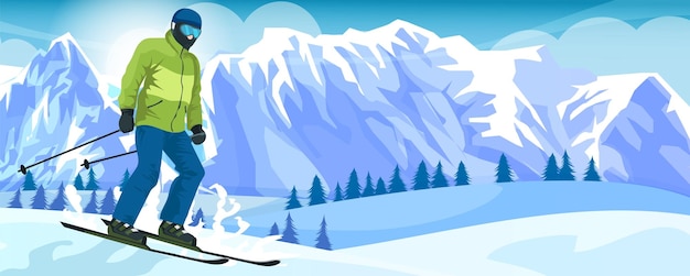 Vetor paisagem montanhosa pitoresca recreação de esportes extremos esquiador de jaqueta verde fazendo atividade ao ar livre resort de férias de inverno floresta de pinheiros alto pico cruz downhill ação de esqui ilustração vetorial