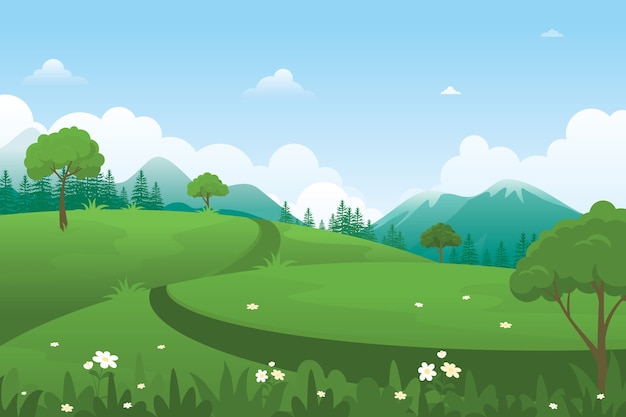 Paisagem natural, com caminho cruzando colina verde