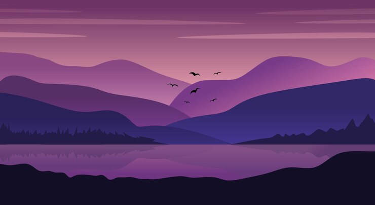 Vetor paisagem natural com lago e colinas, montanhas, paisagens ilustração de estilo de desenho animado