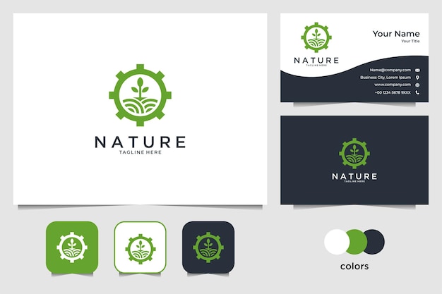 Paisagem natural com logotipo de engrenagem e cartão de visita