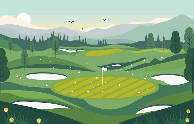Paisagem natural do campo de golfe verde com vista para as montanhas de hill em um dia brilhante