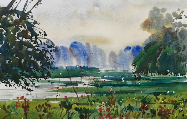 Vetor paisagem natural em aquarela com ilustração de um lago