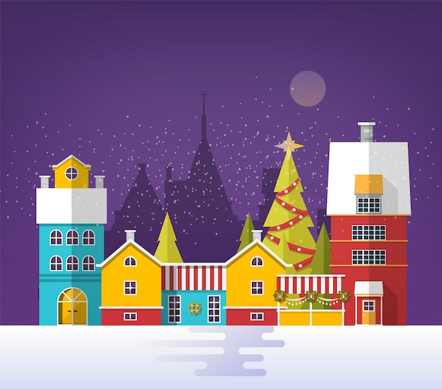 Paisagem nevada com edifícios e árvores decoradas para o natal