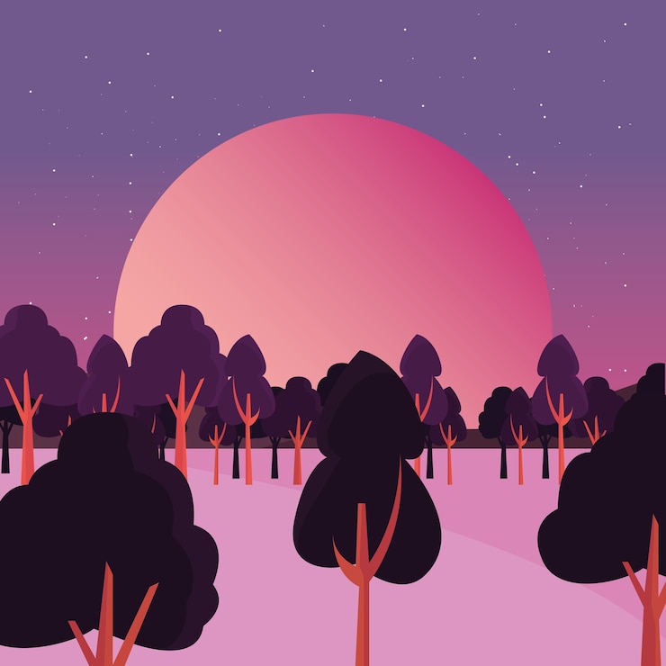 Vetor paisagem noturna com grande lua e árvores