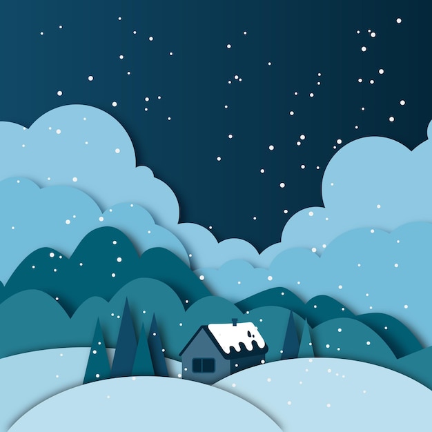 Paisagem noturna de inverno vetorial com abetos abrigam montanhas de nuvens e neve em estilo de corte de papel