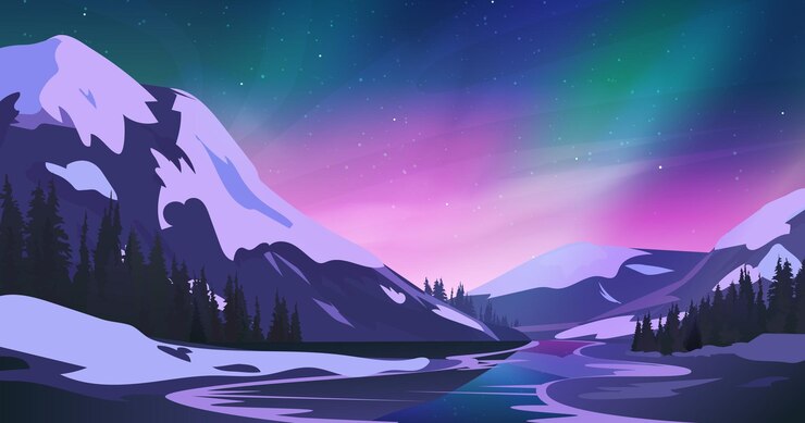 Paisagem noturna de montanha com aurora boreal