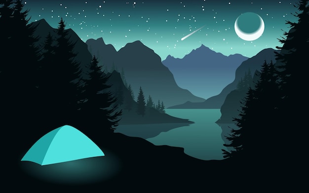 Paisagem noturna na montanha com acampamento. ilustração vetorial de cenário