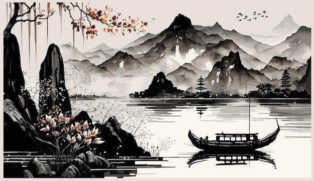 Paisagem oriental com flor de sakura de lótus de barco de pesca e montanhas azuis distantes em estilo japonês minimalista oriental tradicional Ilustração em vetor