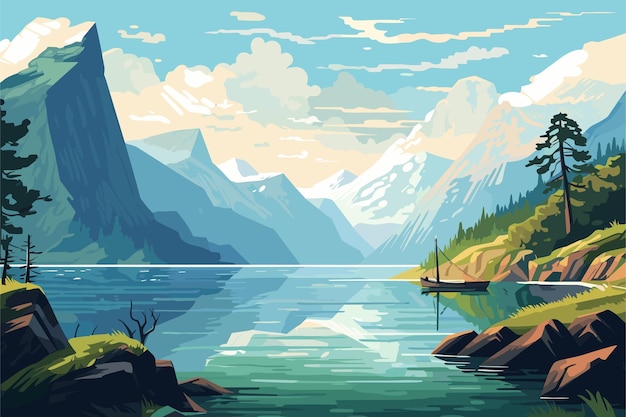 Paisagem panorâmica de fiordes na noruega ilustração colorida vetorial