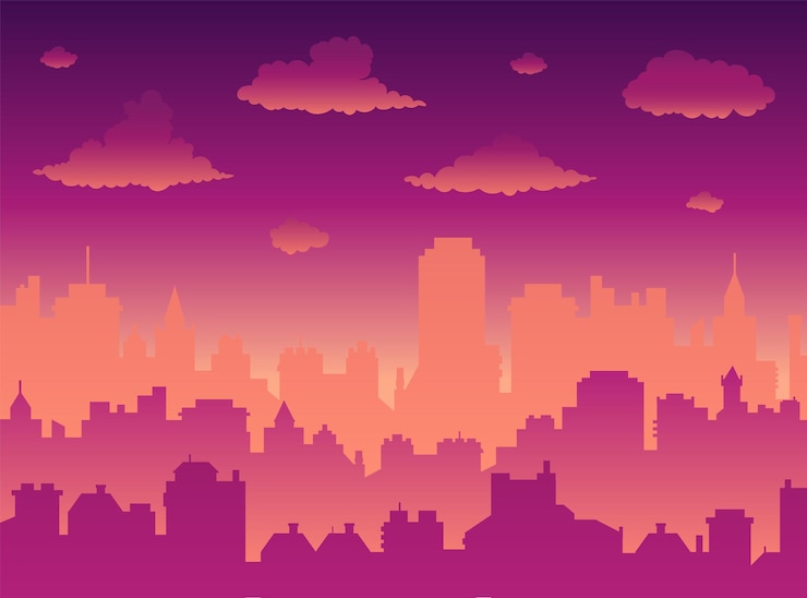 Vetor paisagem plana com céu pôr do sol sobre a cidade e pôr do sol / nascer do sol. fundo panorâmico do vetor do horizonte da cidade moderna da manhã. ilustração da torre da cidade urbana, papel de parede. silhueta de arranha-céus.