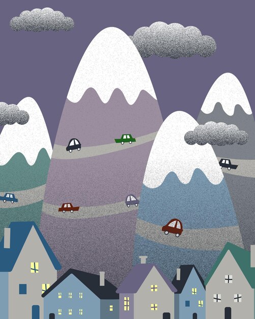 Paisagem plana de neve de inverno pequena vila ou cidade com carros casas e estradas nas montanhas ilustração desenhada à mão cartão