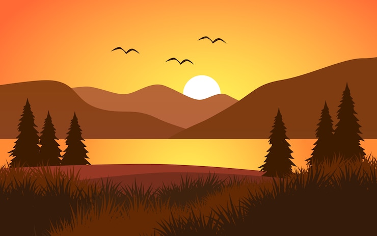 Vetor paisagem por do sol plana com rio e montanha