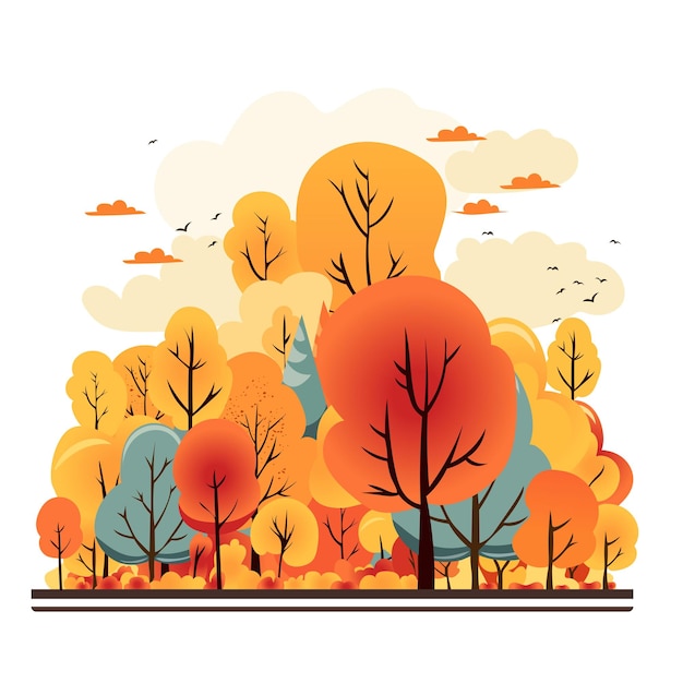 Vetor paisagem quente de outono estilo de desenho animado ilustração de outono árvores coloridas, nuvens e pássaros