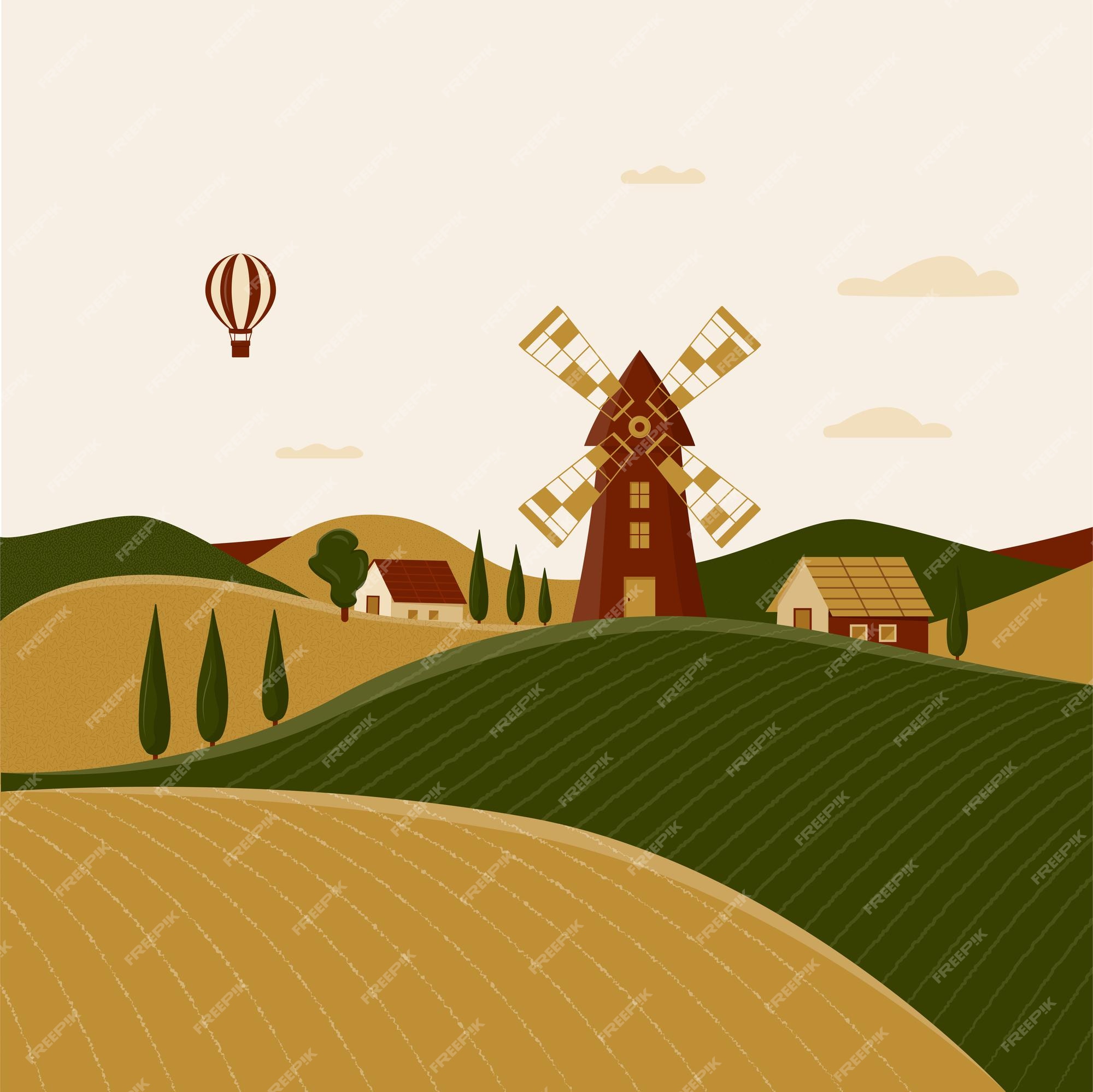 Retro Paisagem Moinho De Vento Vector Ilustração Fazenda Casa