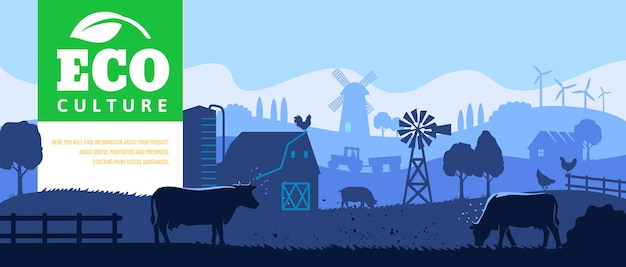 Vetor paisagem rural com vida ecológica de terras agrícolas de vacas