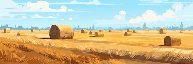 Paisagem rural de dia ensolarado com campos de trigo panorama ilustração vetorial agricultura