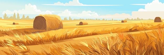 Vetor paisagem rural de dia ensolarado com campos de trigo panorama ilustração vetorial agricultura