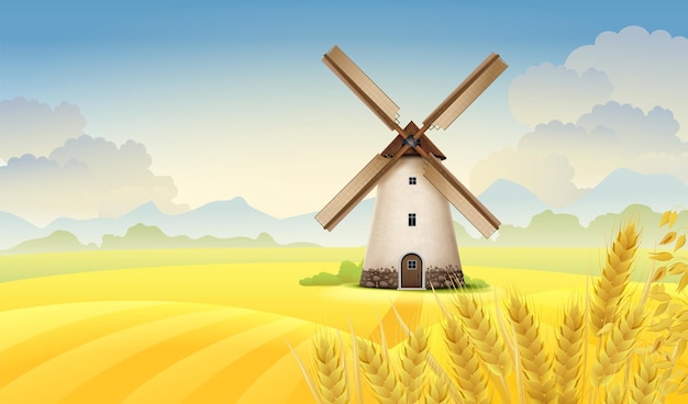 Paisagem rural de outono com moinho de vento em ilustração vetorial realista de fundo de campo de trigo