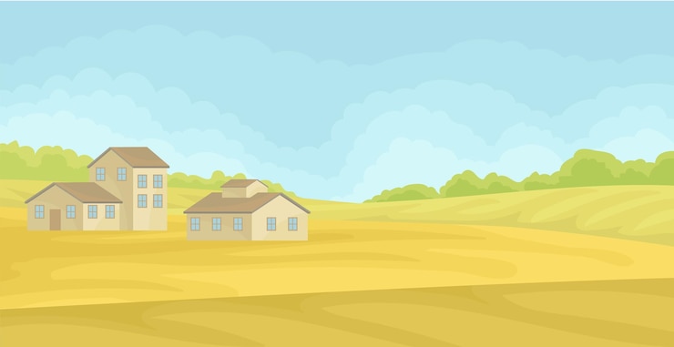 Vetor paisagem rural de verão com casas de aldeia campo com grama verde agricultura e conceito de agricultura vetor ilustração isolada em um fundo branco