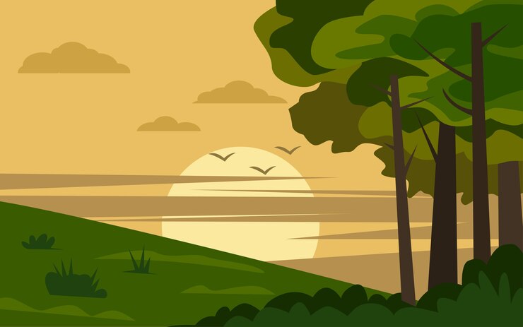 Vetor paisagem rural por do sol em design plano