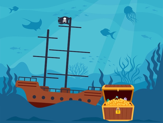 Paisagem subaquática com baú de tesouro de pirata aberto e navio pirata na parte inferior Ilustração vetorial
