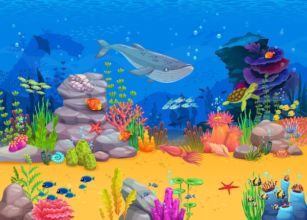 Nível de jogo de mar de paisagem subaquática de desenho animado com animais  de algas e fundo de vetor de baú de tesouro aventura oceânica e nível de  jogo mundial de recife de coral com paisagem de mar peixes lulas e  caranguejos