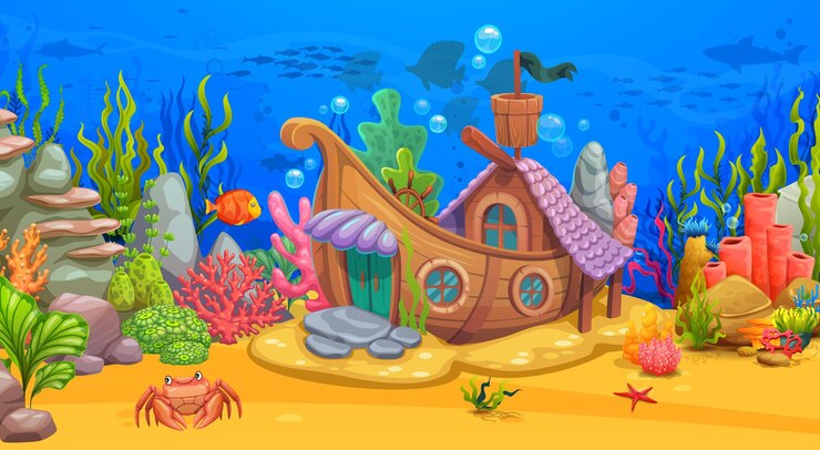 Vetor paisagem subaquática do mar dos desenhos animados com barco afundado
