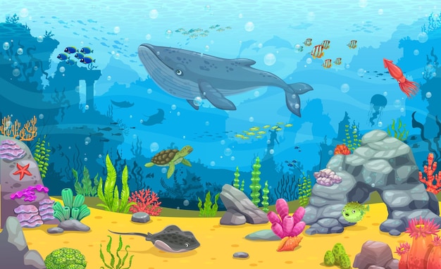 Nível de jogo de mar de paisagem subaquática de desenho animado com animais  de algas e fundo de vetor de baú de tesouro aventura oceânica e nível de  jogo mundial de recife de coral com paisagem de mar peixes lulas e  caranguejos