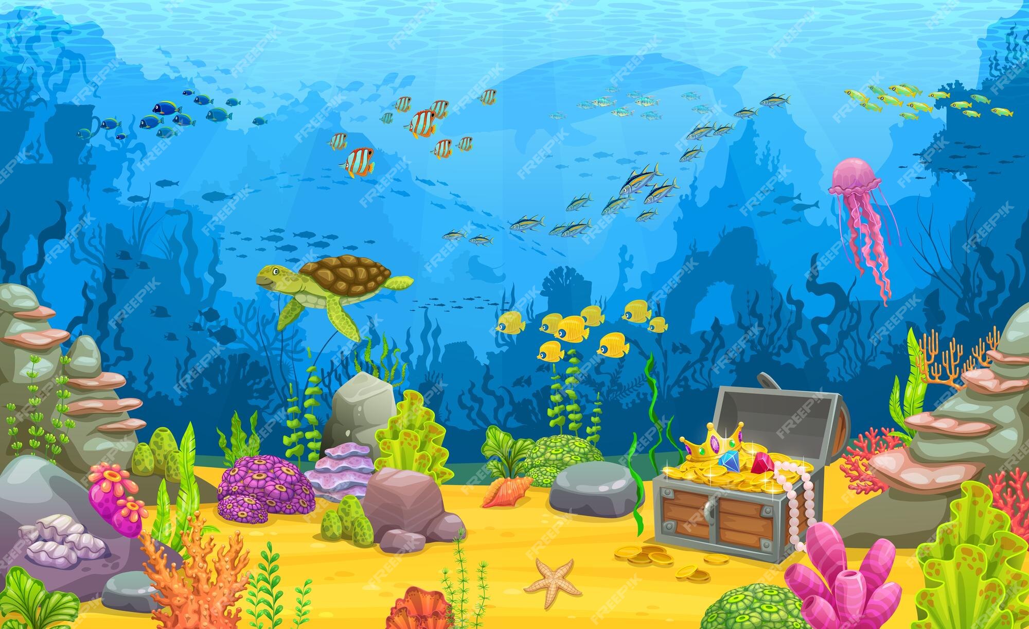 Nível de jogo de mar de paisagem subaquática de desenho animado com animais  de algas e fundo de vetor de baú de tesouro aventura oceânica e nível de  jogo mundial de recife de coral com paisagem de mar peixes lulas e  caranguejos