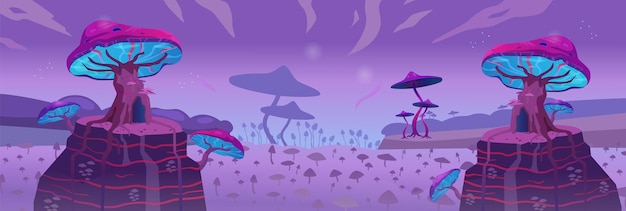Vetor paisagem surreal com cogumelos mágicos brilhantes fundo de fantasia de jogo