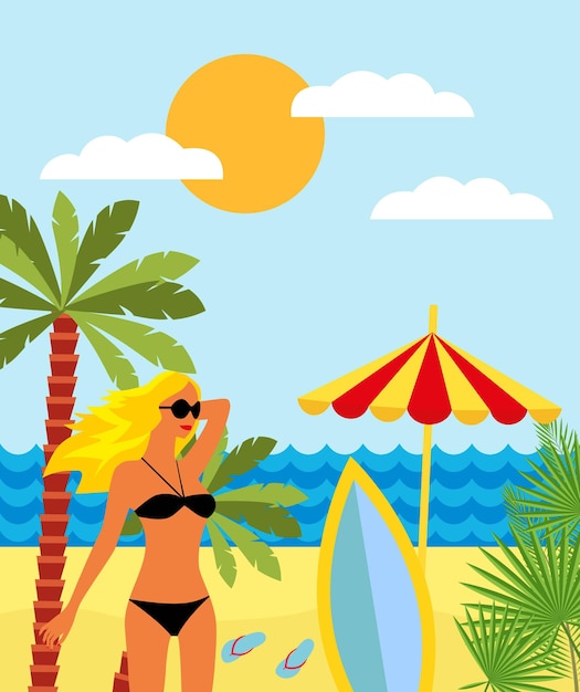 Paisagem tropical com árvores do mar de praia e garota de biquíni fundo de verão
