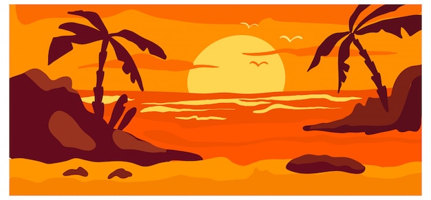 Vetor paisagem tropical da vista, ilustração vermelha dos desenhos animados da bandeira da natureza do fundo da floresta do conceito do por do sol da praia selvagem quente do país. lugar à beira-mar do oceano.